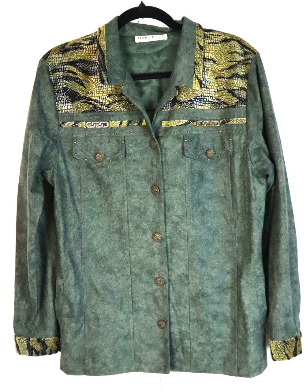 Vintage Green and Gold Button Down Blouse Top Animal Print Microsuede S / M Y2K